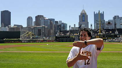 Hal Sparks, the actor who played Zoltan in "Dude Where's My Car," gives the Zoltan sign to fans before the start of the game against the Cubs today. Sparks threw out the first pitch.