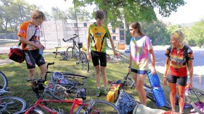 Cyclists from the Jett Foundation stopped at Geneva College as they ride across the country raising money and awareness for Duchenne muscular dystrophy. From left are Drew Gottman, 17, and Mac Sullivan, 17, both from Montana; Courtney Burt, 16, from Massachusetts; and Megan Drake, 15, from New York.