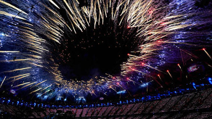 Fireworks light up the Olympic Stadium during the Opening Ceremony for the 2012 Summer Olympics, Saturday, July 28, 2012, in London.