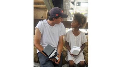 Director Benh Zeitlin and Quvenzhane Wallis on the set.