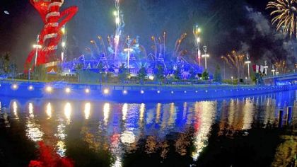 Fireworks explode over the Olympic stadium in the Olympic park during the last rehearsal of the opening ceremony of the London 2012 Olympic Games in London.