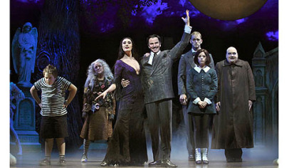 From left, Patrick D. Kennedy(Pugsley), Pippa Pearthree (Grandma), Sara Gettelfinger (Morticia), Douglas Sills (Gomez), Tom Corbeil (Lurch), Cortney Wolfson (Wednesday) & Blake Hammond (Uncle Fester) in The Addams Family.