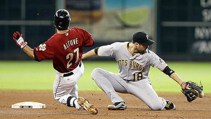 Houston Astros' Jose Altuve beats the ball to second base as Pirates' Neil Walker fails to make the out in the fourth inning.