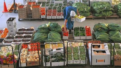 A woman makes a place among the produce for her peppers at the Tri County Produce Auction.
