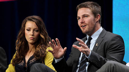 Katie Cassidy and Stephen Amell talk about the CW show "Arrow" on Monday at the Television Critics Association summer press tour in Beverly Hills, Calif.