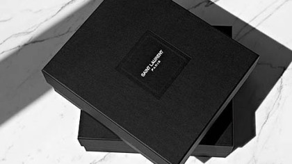 The new Saint Laurent Paris moniker. It's simple, with the name spelled across two lines in a small, uppercase font.