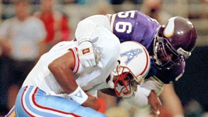 Minnesota Vikings linebacker Chris Doleman (56) will enter the Pro Football Hall of Fame next weekend with 150 sacks, the fourth most in NFL history.