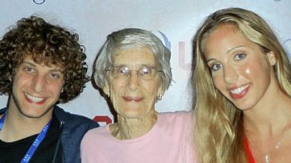 At the 2008 Olympics in Beijing, Margaret "Peggy" Menges, center, poses for a celebratory photo with her grandson, Merrick Zagunis, left, and her granddaughter, Mariel Zagunis.