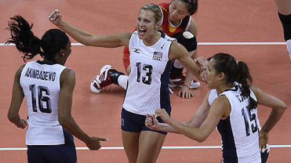 United States' Foluke Akinradewo (16), Christa Harmotto (13) and Logan Tom celebrate during a women's preliminary volleyball match against China at the 2012 Summer Olympics, Wednesday, Aug. 1, 2012, in London.