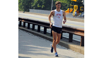 Trevor Barron competes in the men's 20 kilometer racewalk on Saturday in London.