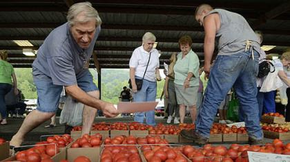 Danny Janoski of Janoski's Farm in Clinton helps two farmers market customers.