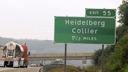 A view of the southbound lanes on Interstate 79 in Collier show that the sign has been changed to Heidelberg/Collier. PennDOT made the change, covering the words "Kirwan Heights."
