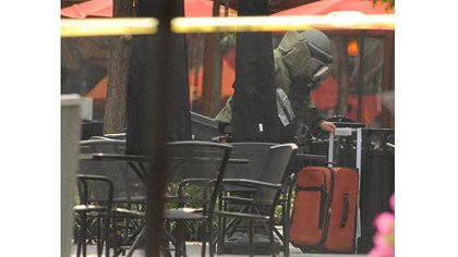 Market Square was closed for several hours this morning while Pittsburgh police investigated this red wheeled suitcase and its contents. Police reopened the area just before 11 a.m.