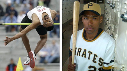 The two Jamie Nietos: clearing the bar during the men's special high jump at the Drake Relays Meet in April and portaying Pirates' Roberto Clemente.
