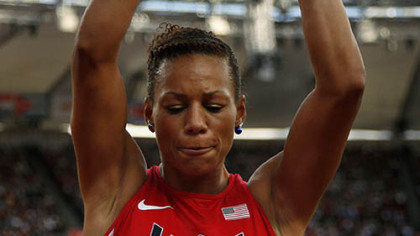 Harrisburg's Hyleas Fountain competes in the shot put of the women's heptathlon during the athletics in the Olympic Stadium at the 2012 Summer Olympics, London, Friday, Aug. 3, 2012.