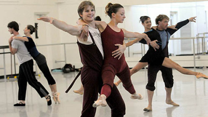 Nicholas Coppula with Alexandra Kochis, center, rehearse "Step Touch" for Pittsburgh Ballet Theatre's upcoming tour in Israel.