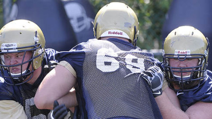 From left, Pitt offensive linebackers Chris Jacobson, Adam Bisnowaty and Cory King drill Monday during the media day practice at the UPMC South Side facility.