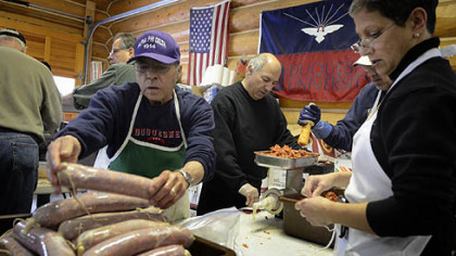 Sopressata piled up during the annual sausage-making party at Leon and Karen Panella's Prospect home.