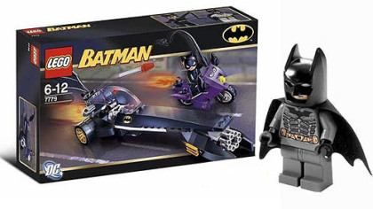 At ToyWiz.com, the info for this Lego Batman Set #7779 Dragster Catwoman Pursuit says: "This is a Very Small Set! Damaged Package, Mint Contents!" It's being sold for $239.99. A loose Lego Batman like this one, sold apart from an out-of-date Lego set, can go for $40.