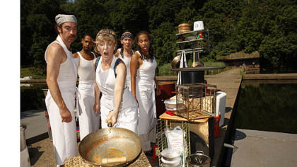 Gregory Johnstone, left, Curtis Jackson, Catherine Moore, Mark Conway Thompson and Aidaa Peerzada play a variety of characters including workers at a Chinese-Thai-Vietnamese restaurant in Quantum Theatre's "The Golden Dragon," at Lake Carnegie in Highland Park.