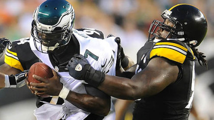 Steelers nose tackle Steve McLendon sacks Eagles quarterback Michael Vick in the first quarter at Lincoln Financial Field in Philadelphia.