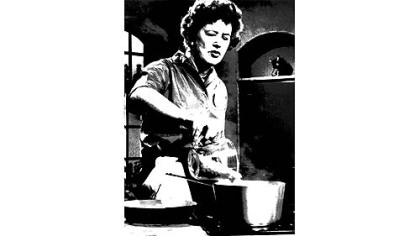 "Julia's 7 a.m. cooking class, with GIs at Le Cordon Bleu, Paris, 1950."