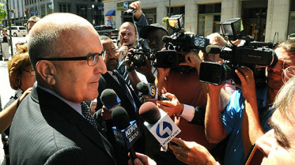 Jordan Miles' attorney, J. Kerrington Lewis, addresses the media on the steps of the Federal Courthouse after the verdict. Mr. Lewis said his client "believes in this case. ... We're going to go back at it."