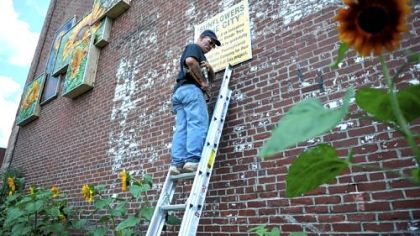 Artist Harry "Hawkeye" Demel finishes posting a sign on the side of the Carnegie Historical Society's building, the site of a sunflower rain garden and mural that was made possible due to a $6,000 grant from the Pennsylvania American Water Company in Carnegie.