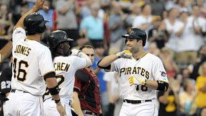 Neil Walker is congratulated by Garrett Jones and Andrew McCutchen after hitting a three-run home run against the Diamondbacks in the first inning Wednesday night at PNC Park.