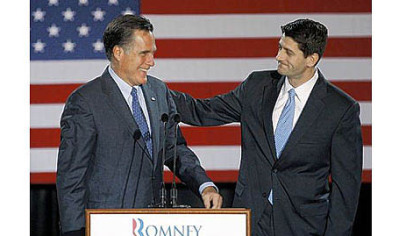 House Budget Committee Chairman Rep. Paul Ryan, R-Wis., introduces Republican presidential candidate Mitt Romney before Mr. Romney spoke at the Grain Exchange in Milwaukee in April.