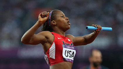 Rochester's Lauryn Williams reacts after competing in the women's 4 x 100m relay first round.