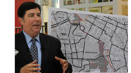 Councilman Bill Peduto talks about the alternate routes involving Reynolds Street in Point Breeze that runs between Frick Park and Mellon Park and does not have as much traffic as Penn Avenue.