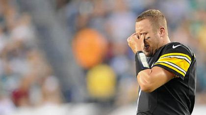 Steelers quarterback Ben Roethlisberger walks to the sidelines after getting sacked in the first quarter of last night's loss to Philadelphia.