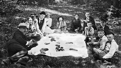 A group of picnickers pause to pose for a picture at Ross Mountain before 1900.