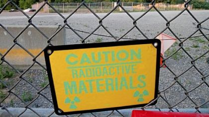 A sign warns of radioactive material at the Parks Township Shallow Land Disposal Area where excavation of nuclear waste was halted by the Corps of Engineers.