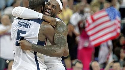 LeBron James and Kevin Durant celebrate after defeating Spain Sunday for the gold medal in London.
