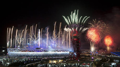 Fireworks explode over the Olympic Stadium at the closing ceremony of the 2012 Summer Olympics in London.