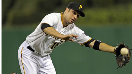 Pirates' Neil Walker can't come up with a ball hit by Dodgers' Andre Ethier in the sixth inning Monday night at PNC Park.