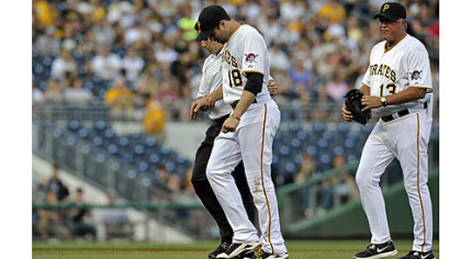 The Pirates' Neil Walker is taken off the field after getting an injury to his right hand after a double play attempt on the Dodgers' Mark Ellis in the first inning at PNC Park Wednesday night.