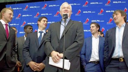On hand to show their support for executive director Donald Fehr, center, and the NHL Players' Association Tuesday as talks with the league continued in Toronto were, from left: P.K. Subban, Sidney Crosby, John Tavares and Alex Ovechkin.
