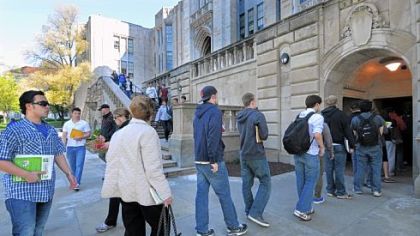 From April 9, 2012: A line snaked out the door at the ground floor entrance to the Cathedral of Learning along Bigelow Blvd. Monday morning as increased security procedures took effect in the wake of multiple bomb threats on the Pitt campus.